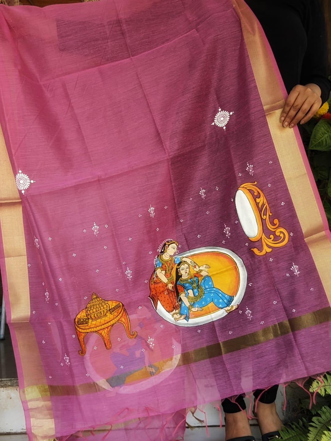 handpainted dupatta in pink chanderi