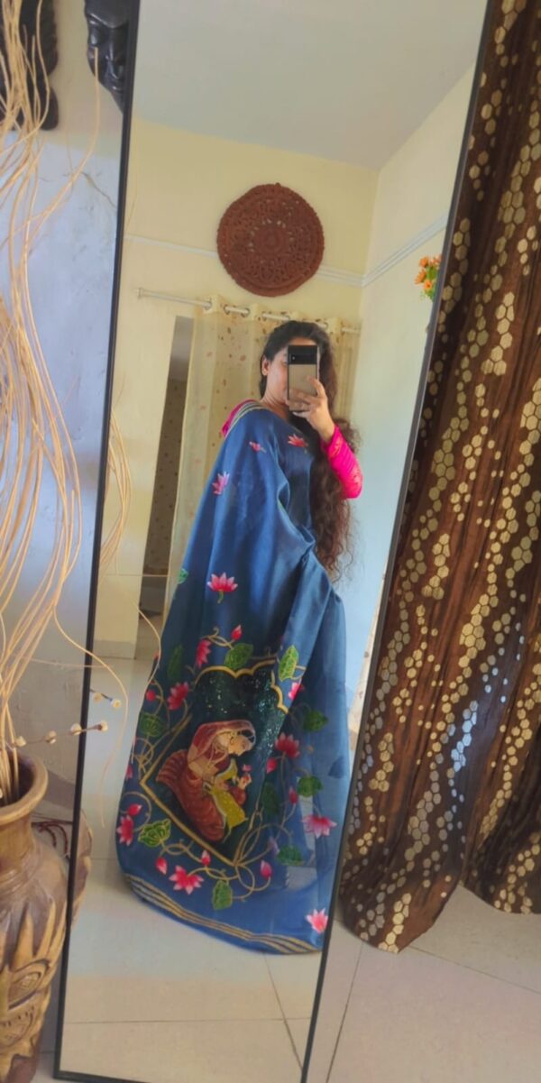 handpainted saree, pattachitra, fish motif, bengal handloom, pure cotton, littlethings by preeya, wedding sarees, cotton silks, handpainted folk art on saree, festive wear