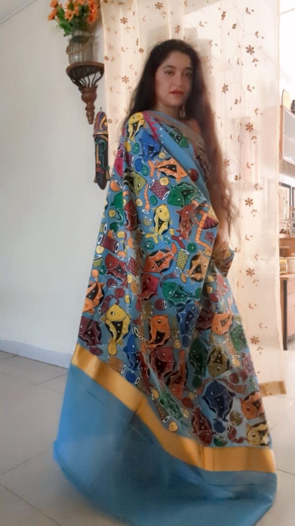 kandpainted saree little things by preeya handpainted saree, pattachitra, fish motif, bengal handloom, pure cotton, littlethings by preeya, wedding sarees