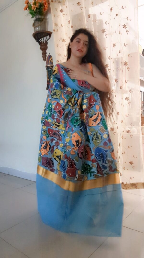 handpainted saree, pattachitra, fish motif, bengal handloom, pure cotton, littlethings by preeya, wedding sarees