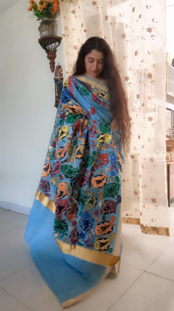 handpainted saree, pattachitra, fish motif, bengal handloom, pure cotton, littlethings by preeya, wedding sarees