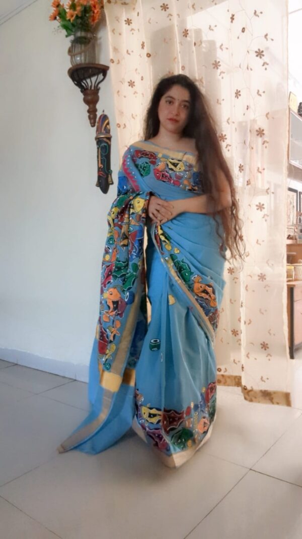 handpainted saree, pattachitra, fish motif, bengal handloom, pure cotton, littlethings by preeya, wedding sarees