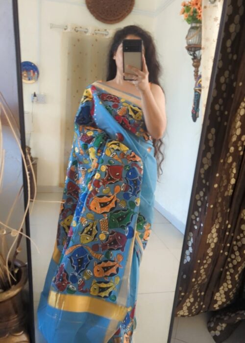 handpainted saree, pattachitra, fish motif, bengal handloom, pure cotton, littlethings by preeya, wedding sarees