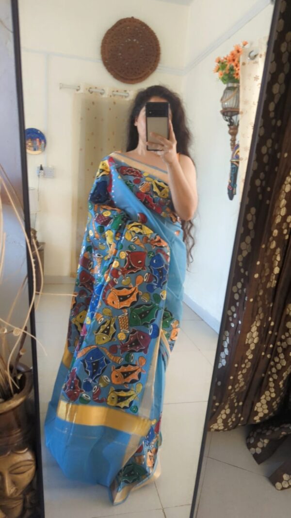 handpainted saree, pattachitra, fish motif, bengal handloom, pure cotton, littlethings by preeya, wedding sarees