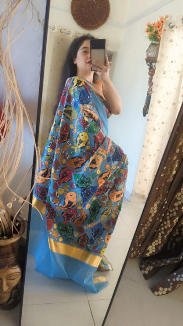 handpainted saree, pattachitra, fish motif, bengal handloom, pure cotton, littlethings by preeya, wedding sarees