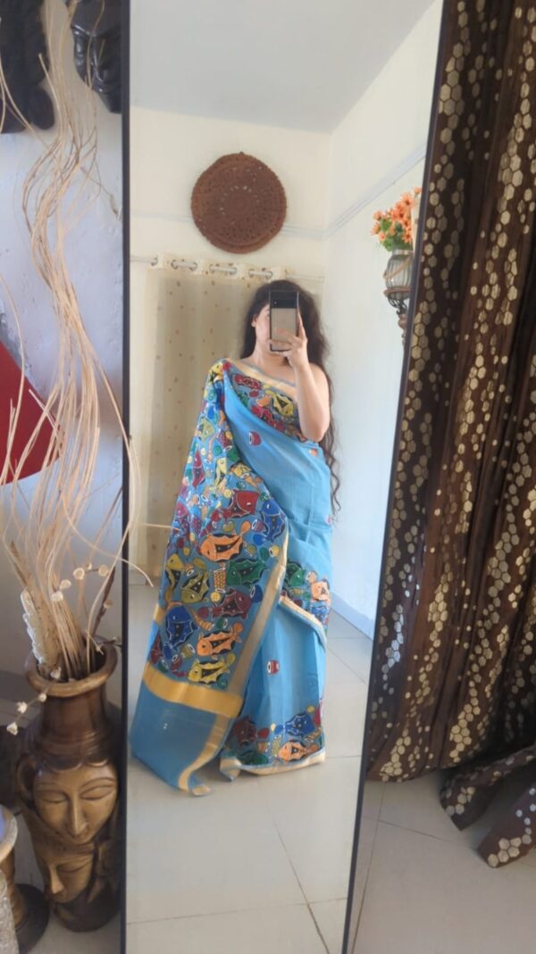 handpainted saree, pattachitra, fish motif, bengal handloom, pure cotton, littlethings by preeya, wedding sarees