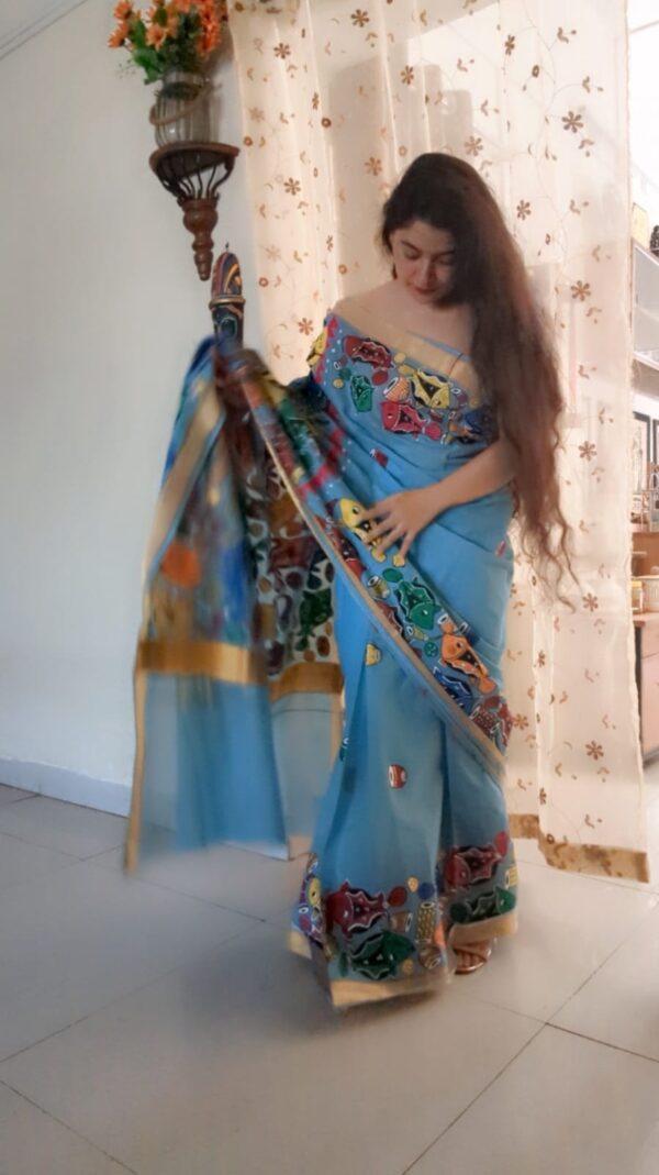 handpainted saree, pattachitra, fish motif, bengal handloom, pure cotton, littlethings by preeya, wedding sarees